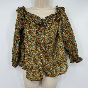 J. Crew Ratti Elephant Print Blouse Woman’s size 14 green off shoulder button up